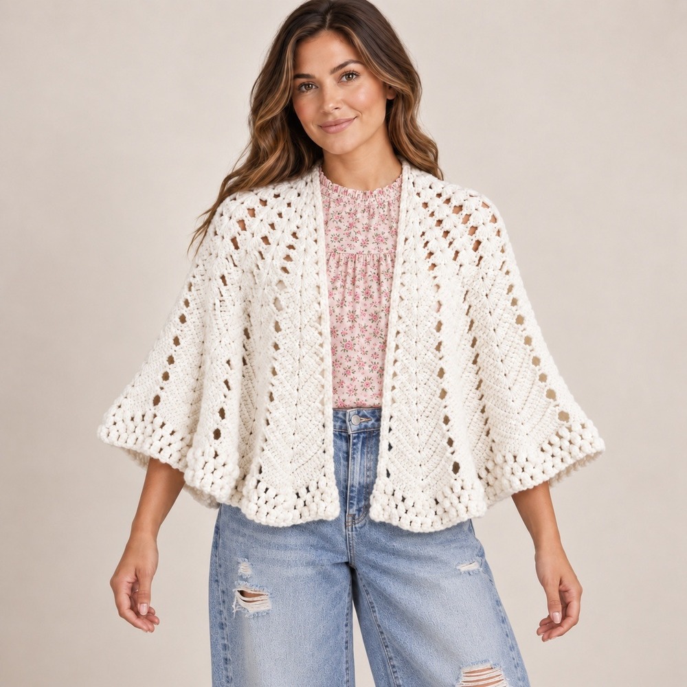 Handmade Crochet Shrug Cardigan Womens OS White Excellent Boho Open Knit Wrap